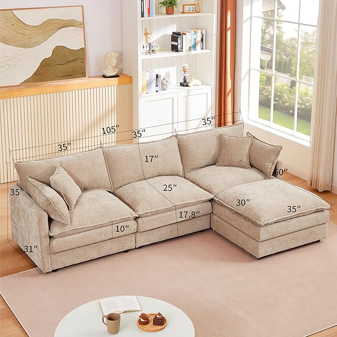 Eafurn Oversized Reversible Modular Sectional Sofa with Movable Ottoman, 4 Seater Convertible L Shaped Corner Couch Modern Chenille Sofa Set w/Double Layers Seat Cushions for Living Room Apartment