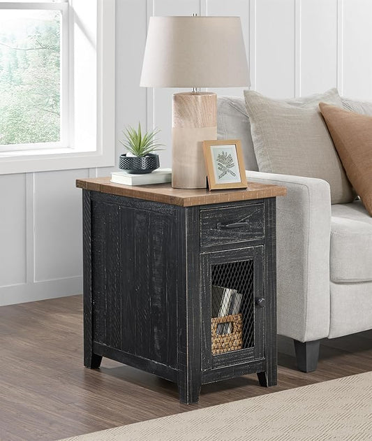 Martin Svensson Home Solid Wood Black and Driftwood Rustic Chairside End Table with Power and Storage