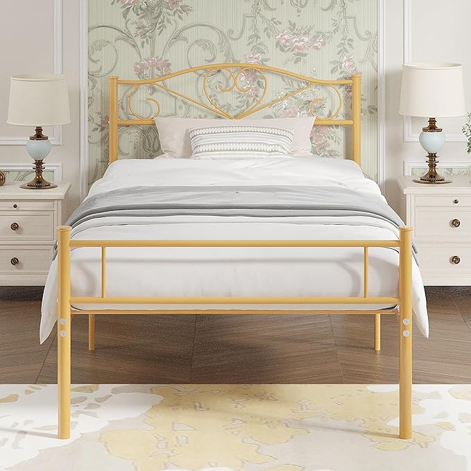 VECELO 14 Inch Twin Size Metal Platform Bed Frame with Headboard and Footboard, Heavy Duty Mattress Foundation with Steel Slats Support, No Box Spring Needed, Gold