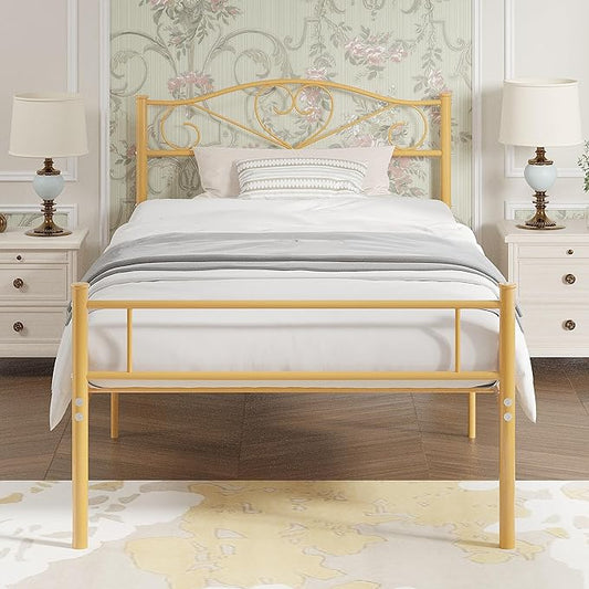 VECELO 14 Inch Twin Size Metal Platform Bed Frame with Headboard and Footboard, Heavy Duty Mattress Foundation with Steel Slats Support, No Box Spring Needed, Gold