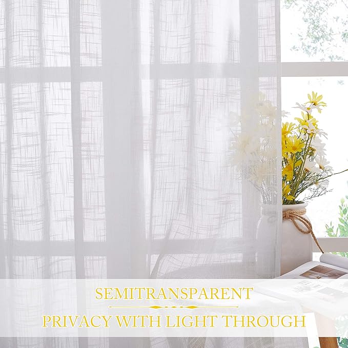 NICETOWN Faux Linen Grommet Sheer Curtains for Bedroom, White Semi Sheer Window Treatments Privacy with Light Filter Drapes for Flat/Farmhouse, W52 x L54, 2 Panels