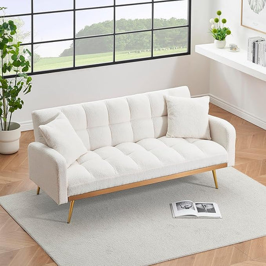 Eafurn Padded Convertible Futon Sofa Bed, Teddy Fleece Fabric Futons Loveseat Couch with Adjustable Backrest, Folding Sleeper Recliner Sofabed for Living Room Furniture | Golden Legs, Wood Frame