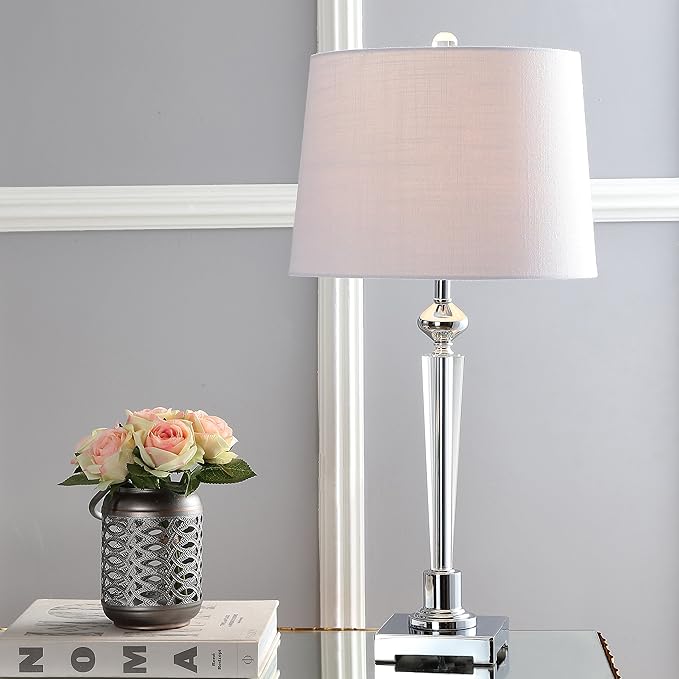 JONATHAN Y 28.25" Clear Crystal Table Lamp, Chrome Candlestick Base with White Linen Drum Shade, Traditional French Country Lamp for Living Room, LED Bulb Included JYL2051A