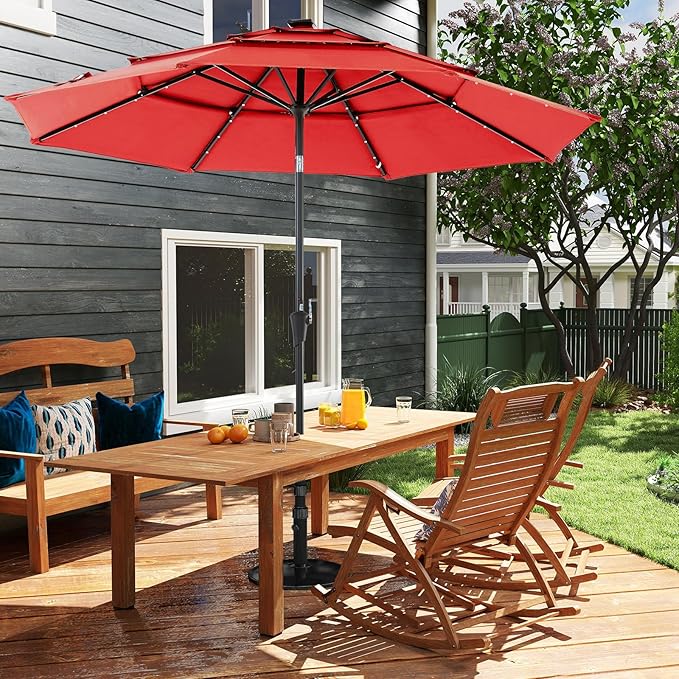 DUMOS 10FT 3-Tier Outdoor Patio Umbrella with 32 LED Lights & Crank, 8 Sturdy Ribs Table Umbrella for Pool, Market, Terrace, Beach and Outdoor Restaurant, Scarlet