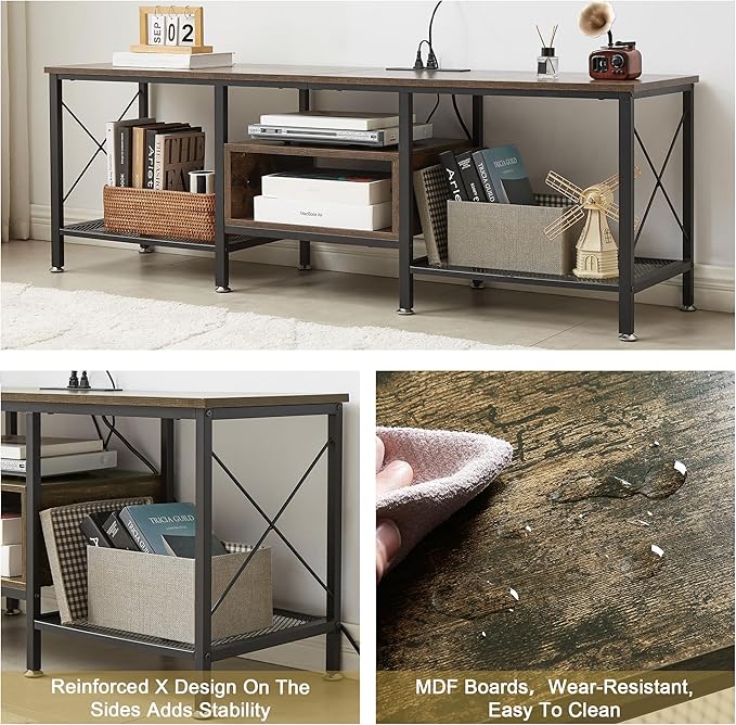 VECELO TV Stand with Power Outlets for 65 Inch Industria Media Entertainment Center with Charging Station, 3-Tier Open Shelves & Metal Frame for Living Room, Bedroom, 55 Inch, Brown