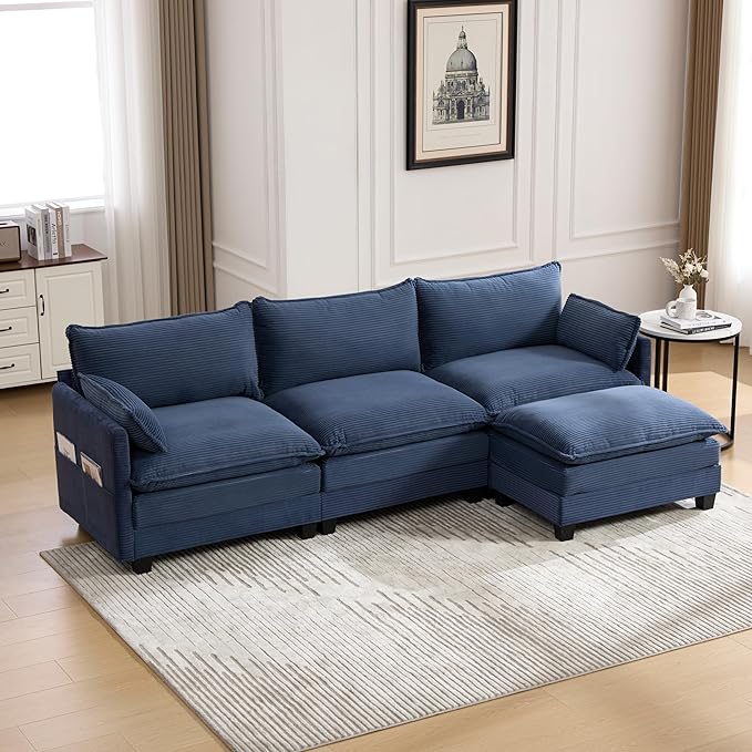 103" Oversized Modular Sectional Sofa Couch with Reversible Ottoman, Free Combination Convertible Corner Couch,Corduroy Upholstered Cloud Sectional Couch with Side Pockets | Multiple Cushions, DIY Combination, Removable Cover
