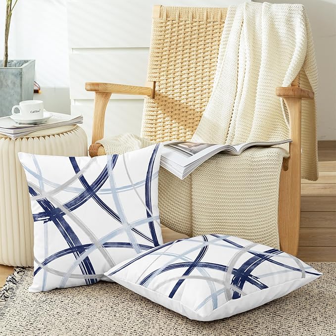 CaliTime Throw Pillow Cases Pack of 2 Cozy Fleece Arc-Shaped Abstract Geometric Lines Decorative Cushion Covers for Couch Bed Sofa Farmhouse Decoration 26 X 26 Inches Navy Baby Blue Grey