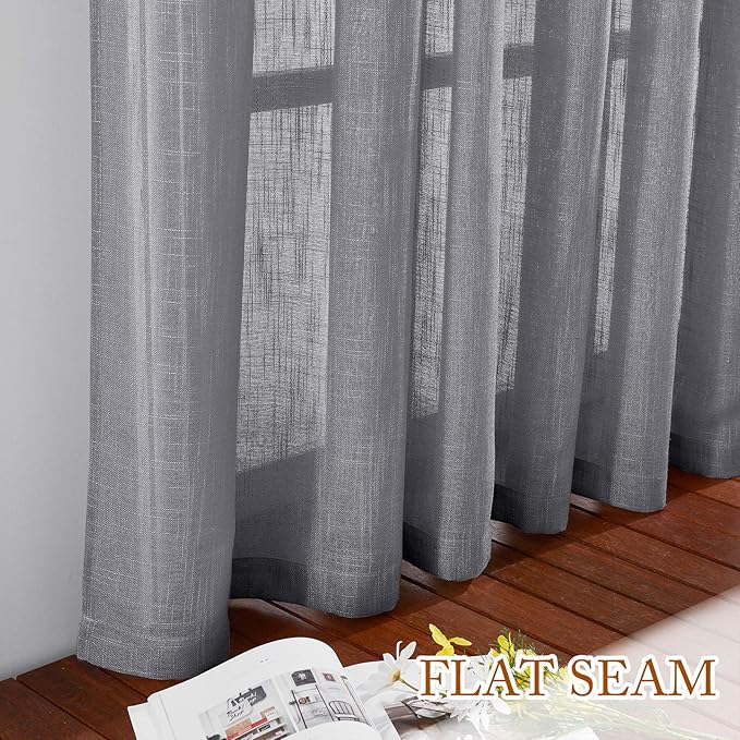 NICETOWN Linen Sheer Curtains for Living Room, Rod Pocket & Back Tab Semi Sheer Linen Curtain Drapes Privacy with Light Filter for French Door/Bedroom (2 Panels, W52 x L95, Dark Grey)
