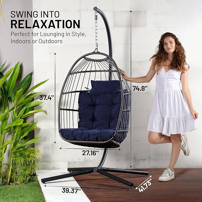 SereneLife Egg Chair with Stand – Hanging Rattan Wicker Swing for Indoor Outdoor Use – 350 lbs Capacity, Breathable Cushion & Headrest – Patio, Balcony, Porch, Bedroom Lounge Furniture