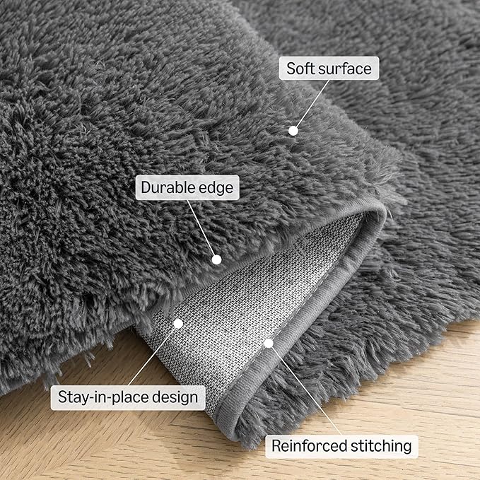 Amazon Basics Fluffy Washable Area Rug, Bedside Shaggy Carpet for Door Entryway, Living Room and Bedroom, 2' W × 3' L, Dark Gray