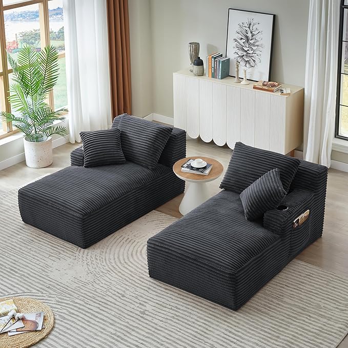 KEIKI Compressible Double Chaise Lounge with Cupholders, Fluffy Corduroy Sleeper Loveseat for Guest Room Comfort, Boneless Chaise Lounge Indoor with Spring Padding, Ready to Use, No Assembly