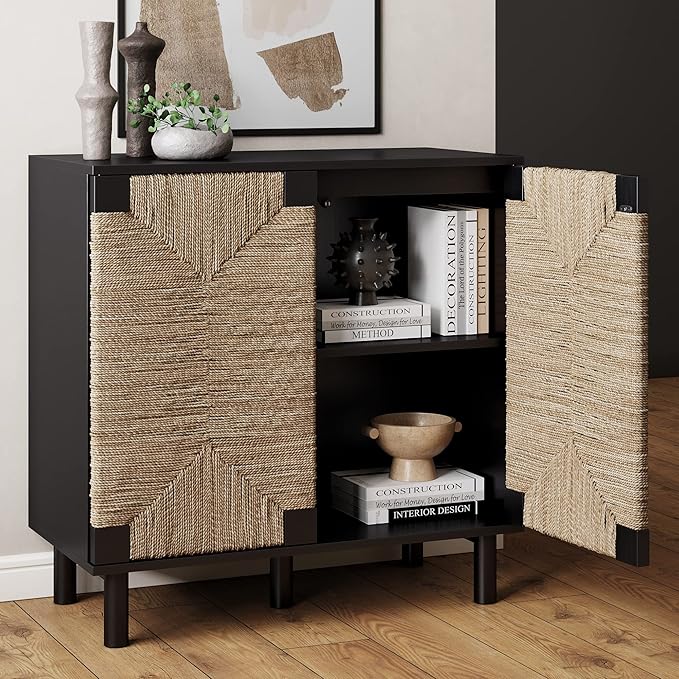 Nathan James Beacon Accent Natural Sideboard Storage Cabinet TV Stand in Wire-Brushed Wood with Adjustable Interior Shelf and Seagrass Doors, for Hallway, Entryway or Dining Room, Black, Set of 4