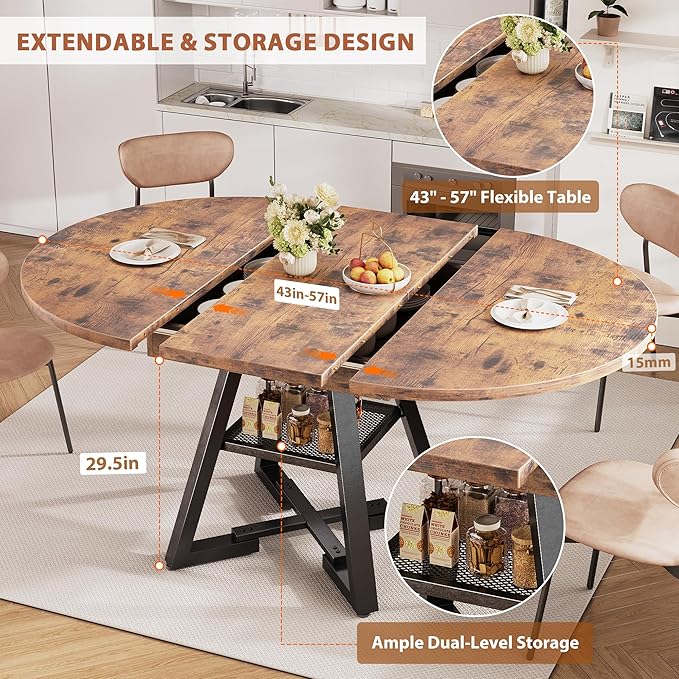 Round Dining Table Kitchen Dining Room Dinner Table for 4-6, Space Saving Extendable Oval Circle Furniture with Pedestal Base and Storage Shelf for Kitchen Living Room (Vintage, for 4-6)