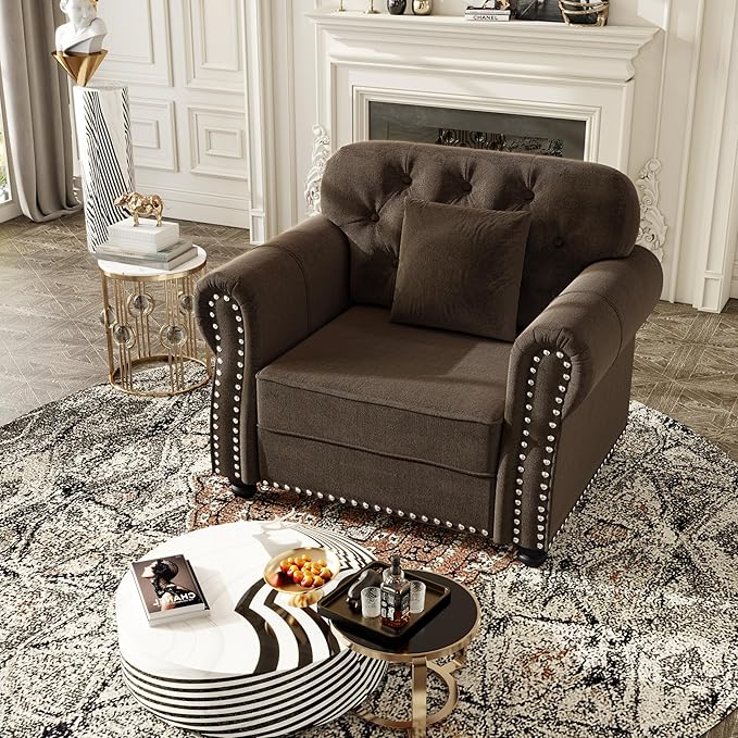 KEIKI 41" Velvet Chesterfield Sofa with Rolled Arms & Nailhead Trim, Modern Upholstered 1-Seater Button Tufted Couch with High Resilience Cushion & 1 Pillow, Easy Assembly, for Living Room, Brown