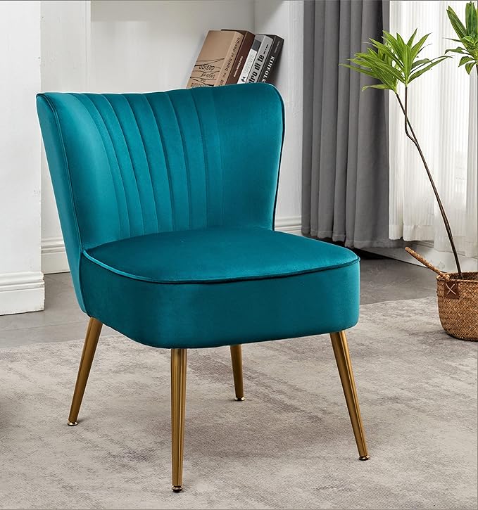 Modern Velvet Accent Chair for Living Room, Bedroom, or Entryway, Stylish and Comfortable Armless Design with Metal Legs, Greynish Blue