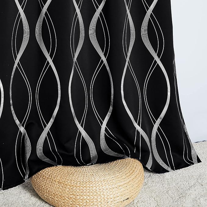 NICETOWN Black Out Curtains 54 inches Long for Small Window, 2 Panels, 42 inches Wide, Foil Printed Wave Lines Thermal Insulated Blackout Drapes for Bedroom Kitchen Loft Cafe
