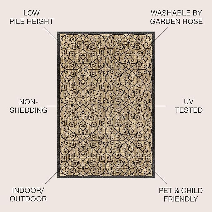 JONATHAN Y Vintage Filigree Indoor Outdoor Square Area Rug 3X3 Black/Khaki, Madrid Textured Weave for Backyard, Patio, Porch, Easy-Cleaning, High Traffic, Pet-Friendly, Non-Shedding (SMB107A-3SQ)