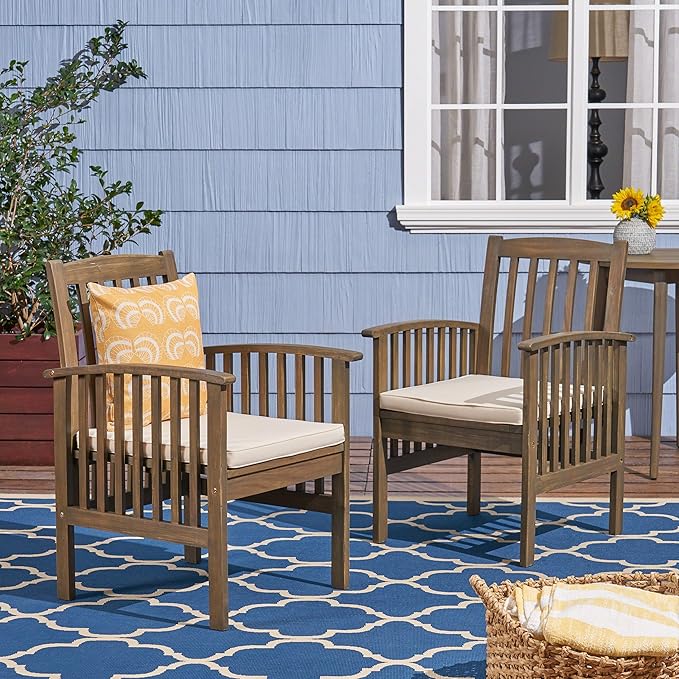 Great Deal Furniture Phoenix Acacia Patio Dining Chairs, Acacia Wood with Outdoor Cushions, Gray and Cream (Set of 2), (307163)
