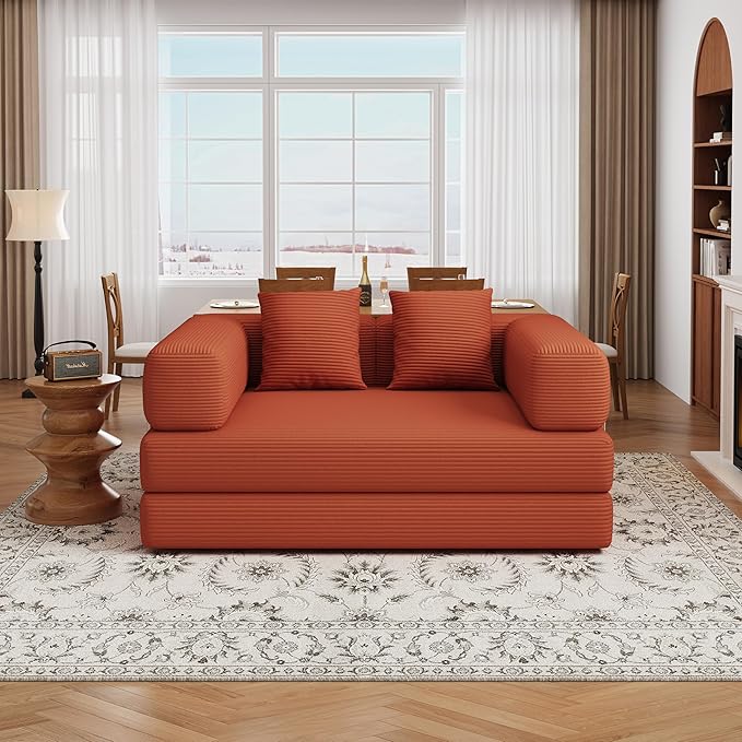 BSHOMGI Folding Sofa Bed, 4 in 1 Convertible Sofas to Lounger Comfy Single Bean Bag Chair Floor Portable Foldable Sleeper Lazy Futon Couch Chair for Bedroom, Living Room (Orange, 53.15" Double Sofa)
