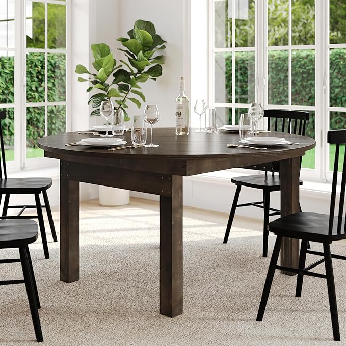 Flash Furniture Hercules Commercial Round Farmhouse Folding Table, Antique Rustic Solid Pine Dining Room Table, Foldable Locking Legs, 60" Diameter, Mahogany