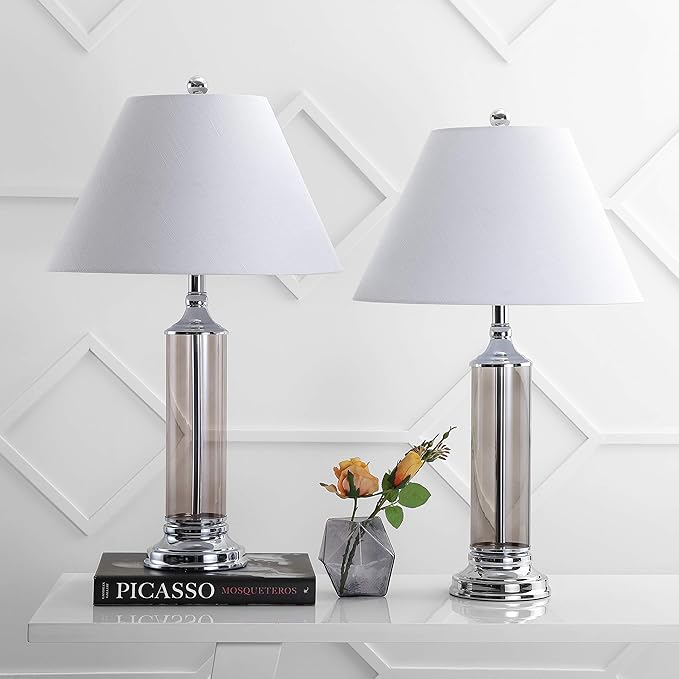JONATHAN Y 29" Smoked Gray Glass LED Table Lamp Set of 2, Modern Bedside Nightstand Lamps for Living Room Bedroom Office, White Linen Shade, Transitional Decor (JYL4014B-SET2)