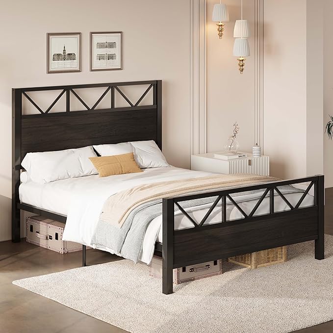LIKIMIO Queen Bed Frame, Tall Industrial Headboard 51.2 ", Platform Bed Frame with Strong Metal Support, Solid and Stable, Noise Free, No Box Spring Needed, Easy Assembly, Black