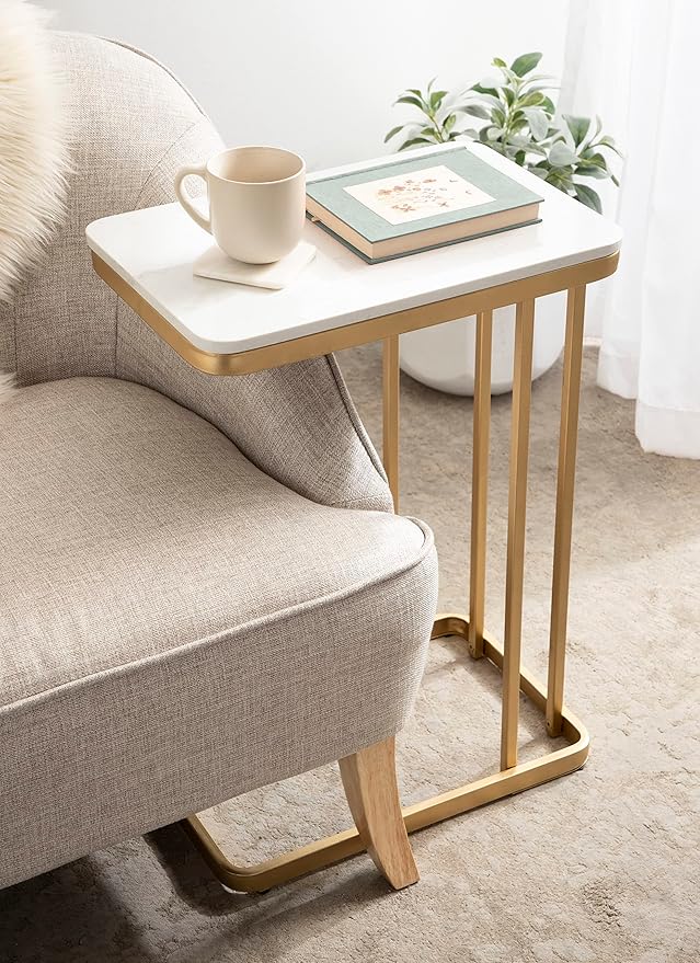 Kate and Laurel Credele Modern Glam Marble C-Table End Table; 12 x 19 x 27; White and Gold; Chic Contemporary TV Tray Table with Metal Legs And Cultured Marble Tabletop