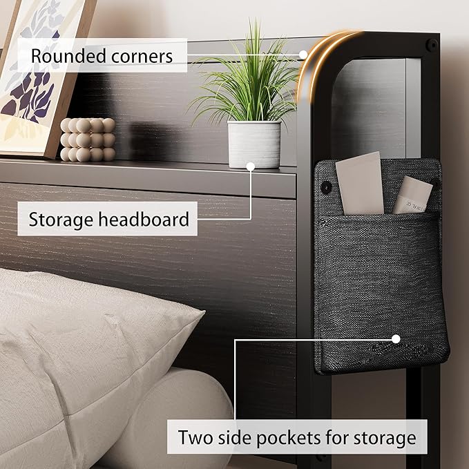 16 Inch Twin XL Bed Frames with Headboard, Metal Bed Frame Twin XL Storage Wood Headboard No Box Spring Needed, Noise Free, Black