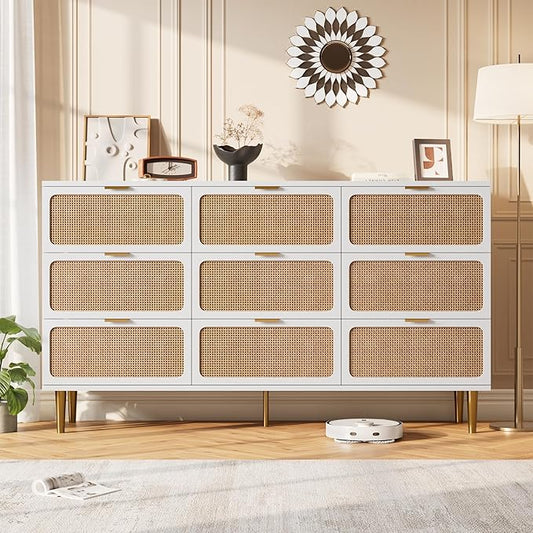 GarveeHome Rattan 9 Drawer Dressers for Bedroom, Tall Dresser with Deep Drawers, Large Chest of Drawers for Closet with Wide Top, Long Wooden Dresser for Living Room, Hallway, Kids Room, White