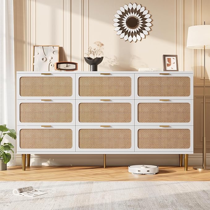 GarveeHome Rattan 9 Drawer Dressers for Bedroom, Tall Dresser with Deep Drawers, Large Chest of Drawers for Closet with Wide Top, Long Wooden Dresser for Living Room, Hallway, Kids Room, White
