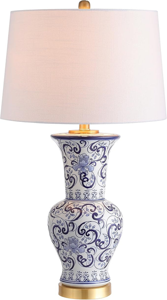 JONATHAN Y 28.5" Blue/White Chinoiserie Ceramic LED Table Lamp, Traditional Hand-Painted Floral Vase Lamp for Living Room, White Linen Shade, LED Bulb Included JYL5014A