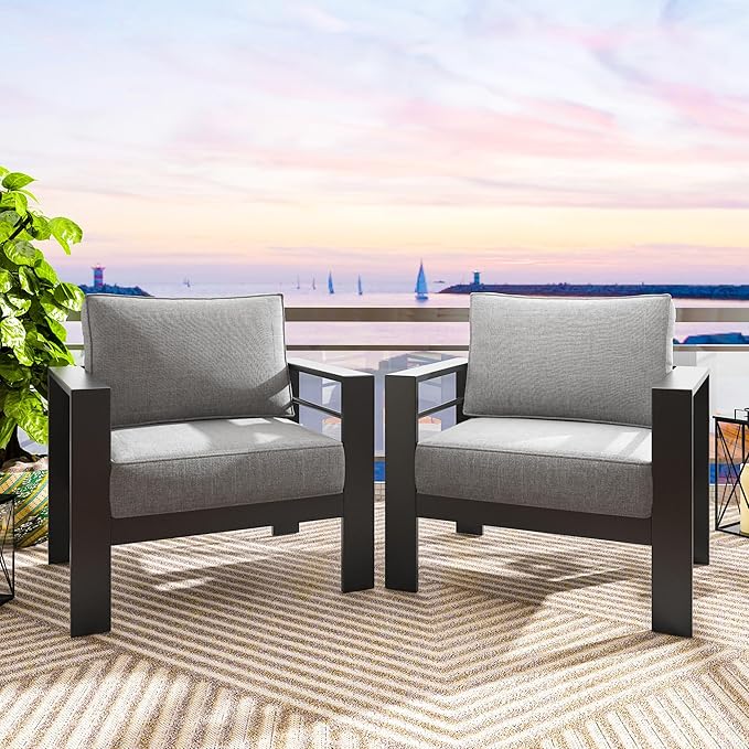 Solaste Patio Furniture Metal Armchair,2 PCS All-Weather Aluminum Garden Outdoor Contemporary Sofa Chair with Cushions, Light Grey