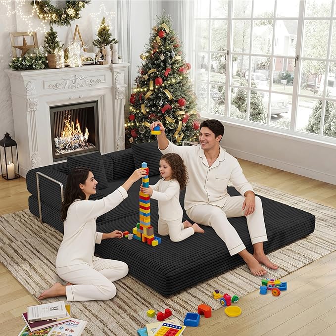 4-in-1 Foldable Sofa Bed Teddy Foam-Filled Compressed Couch Loveseat Sofa Boneless Foldable Convertible Sleeper Sofa Couch for Space Saving Living Room, Guest Bed, Playroom (Black, 53.15"Double Sofa)