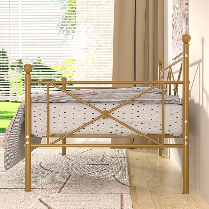 VECELO Daybed Twin Size, Day Bed Frame with Headboard, Heavy-Duty Metal Slats Support Platform for Living Room, Guest Room, Easy Assembly, Gold