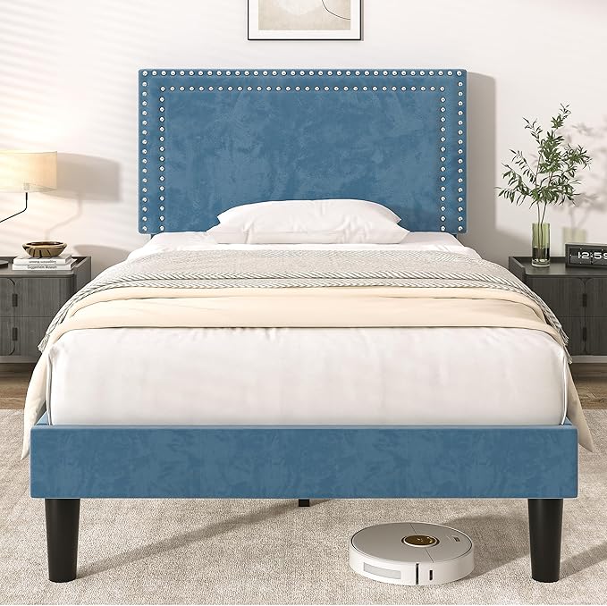 Twin Size Platform Bed Frame with Adjustable Upholstered Headboard, Modern Mattress Foundation, Strong Wood Slat Support, No Box Spring Needed, Easy Assembly