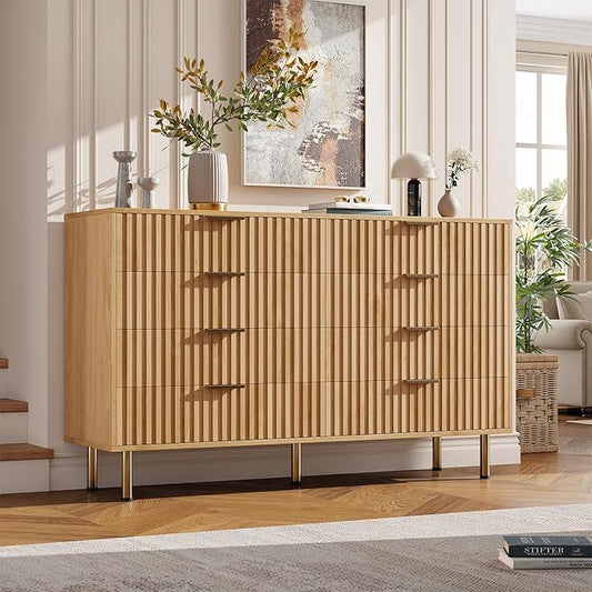 GarveeHome 8 Drawer Dresser for Bedroom, Fluted 55 in Wide Modern Chest of Drawers with Deep Drawers, Wooden Dresser Organizer for Living Room, Hallway, Kids Room, Natural