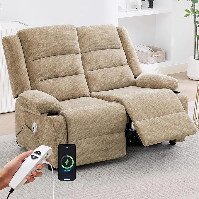 52Inch Power Loveseat Recliner,Electric Reclining Loveseat Sofa,Adjustable Love seat Recliner Sofa for Living Room,Bedroom with Charging Ports (Brown)