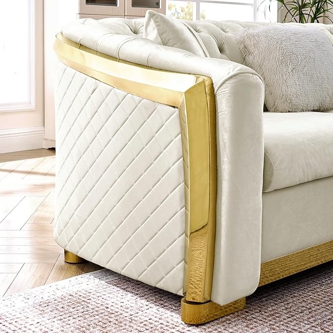 KEIKI 106" L-Shaped Luxury Velvet Chesterfield Sectional Sofa with Gold Stainless Steel Accents and 5 Pillows, Mid-Century Oversized 5-Seater Button Tufted Couch, Easy Assembly, for Living Room, Beige