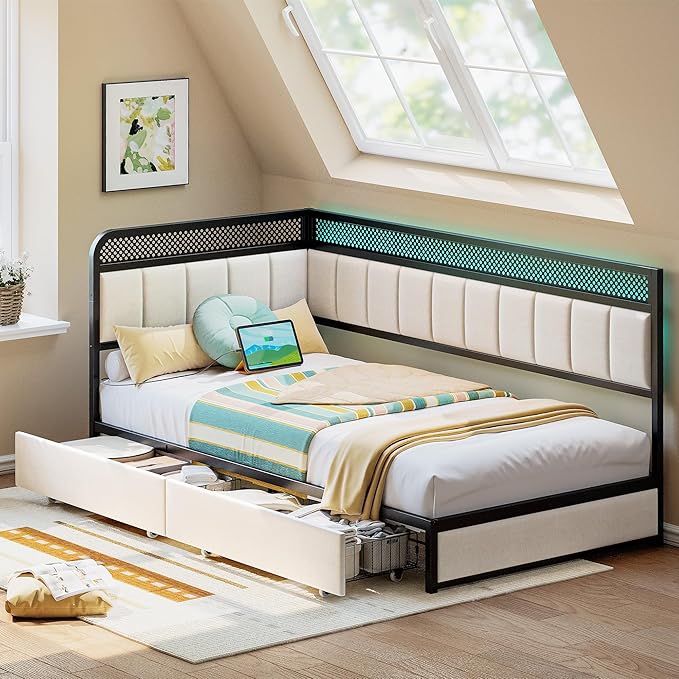 LIKIMIO Twin Corner Bed Frame with Storage Drawers and Charging Station, Modern Twin Daybed with LED Lights and Upholstered Guardrail, Beige