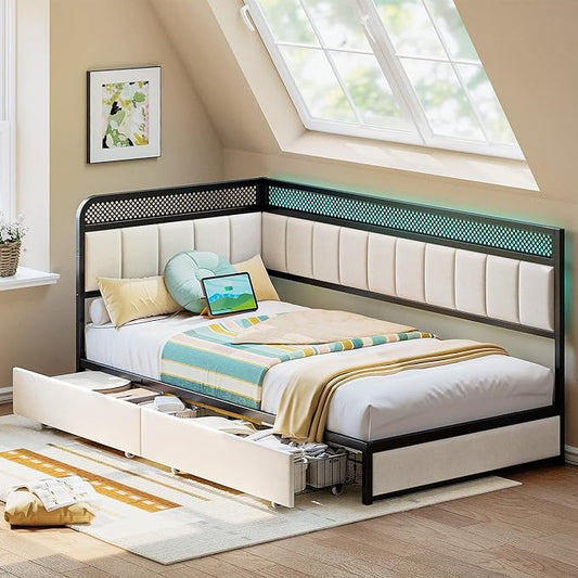LIKIMIO Twin Corner Bed Frame with Storage Drawers and Charging Station, Modern Twin Daybed with LED Lights and Upholstered Guardrail, Beige