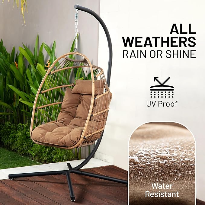 SereneLife Egg Chair with Stand – Hanging Rattan Wicker Swing for Indoor Outdoor Use – 350 lbs Capacity, Breathable Cushion & Headrest – Patio, Balcony, Porch, Bedroom Lounge Furniture