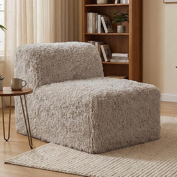 Furniture of America Havyn Modern Faux Fur 1-Seater Modular Armless Foam Sofa Chair with Deep Seat, Compressed Couch in a Box, No Assembly Required, for Living Room and Office, Taupe