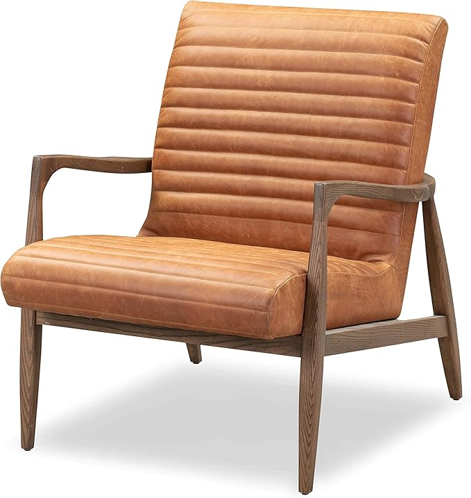 Poly & BARK Rowan Lounge Chair – Mid Century Modern Leather Armchair with Ribbed Seat and Solid Ash Wood Frame, Cognac Tan
