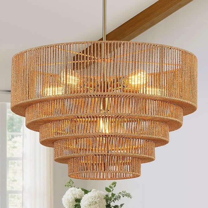 25.6" Boho Rattan Chandelier Light Fixture 6-Light Hand-Woven Bamboo Vintage Farmhouse Chandelier Drum Wicker Golden Chandeliers for Dining Room, Living Room, Kitchen Island, Bedroom, Foyer