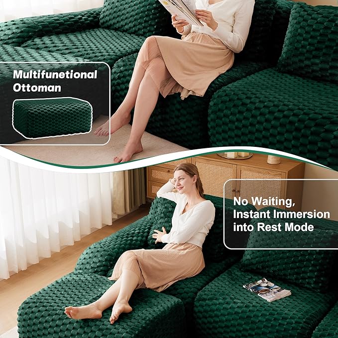 KEIKI 81.9" Loveseat Boneless Couches for Small Living Room, Flexible Modular Sectional Velvet Sofa with Ottoman, Plush Deep Seat Lounge Couch for Apartment Furniture, Chaise Lounge Indoor, Green