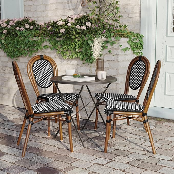 Flash Furniture Lourdes Indoor/Outdoor Commercial Thonet Bistro Stack Chair - Black/White PE Rattan Back and Seat - Natural Bamboo Print Metal Frame - 4 PK