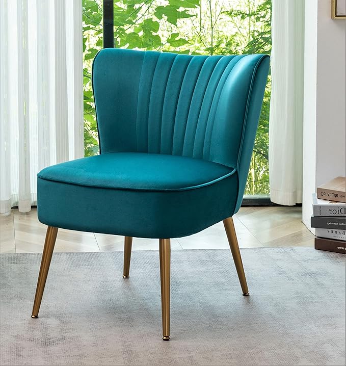 Modern Velvet Accent Chair for Living Room, Bedroom, or Entryway, Stylish and Comfortable Armless Design with Metal Legs, Greynish Blue