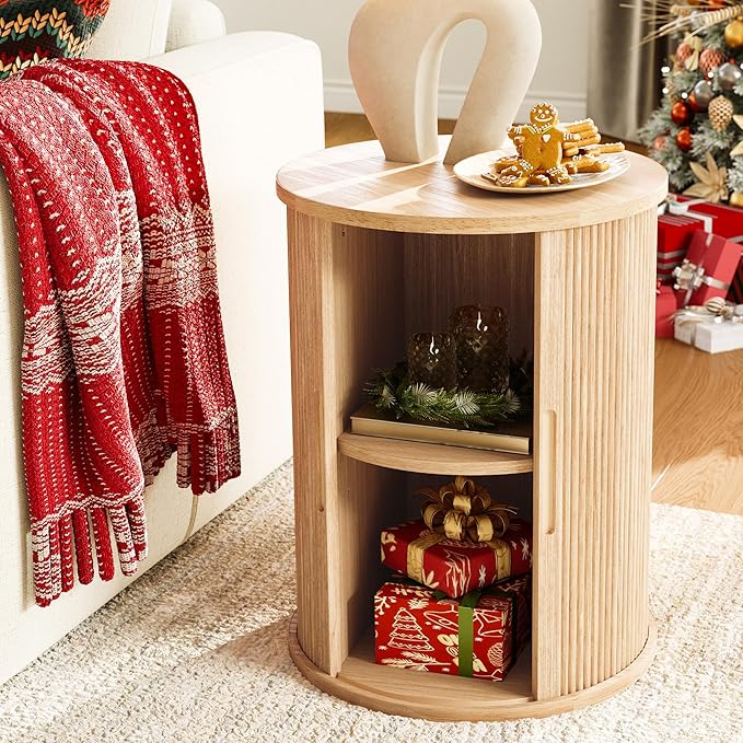 LINSY HOME Round End Table, Fluted Side Table with Sliding Tambour Door and Storage Shelf, Mid Century Modern Circular Nightstand for Bedroom, Wood Boho Tall Bedside Cabinet for Small Space, Oak