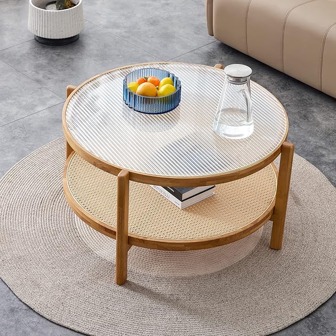 Tempered Glass Round Coffee Table, Farmhouse Circle Coffee Table with Rattan Woven Shelf for Storage, Solid Wood Circular Center Table for Living Room
