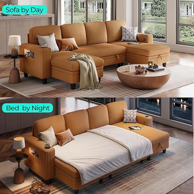 LINSY HOME Sectional Sleeper Sofa Pull Out Couches for Living Room (Brown, Sleeper Sofa 3) | Pull Out Sofa Bed, Storage, USB Charging, Cup Holders, Plush Corduroy | Pull Out Sofa Bed, Storage, USB Charging, Cup Holders, Plush Corduroy